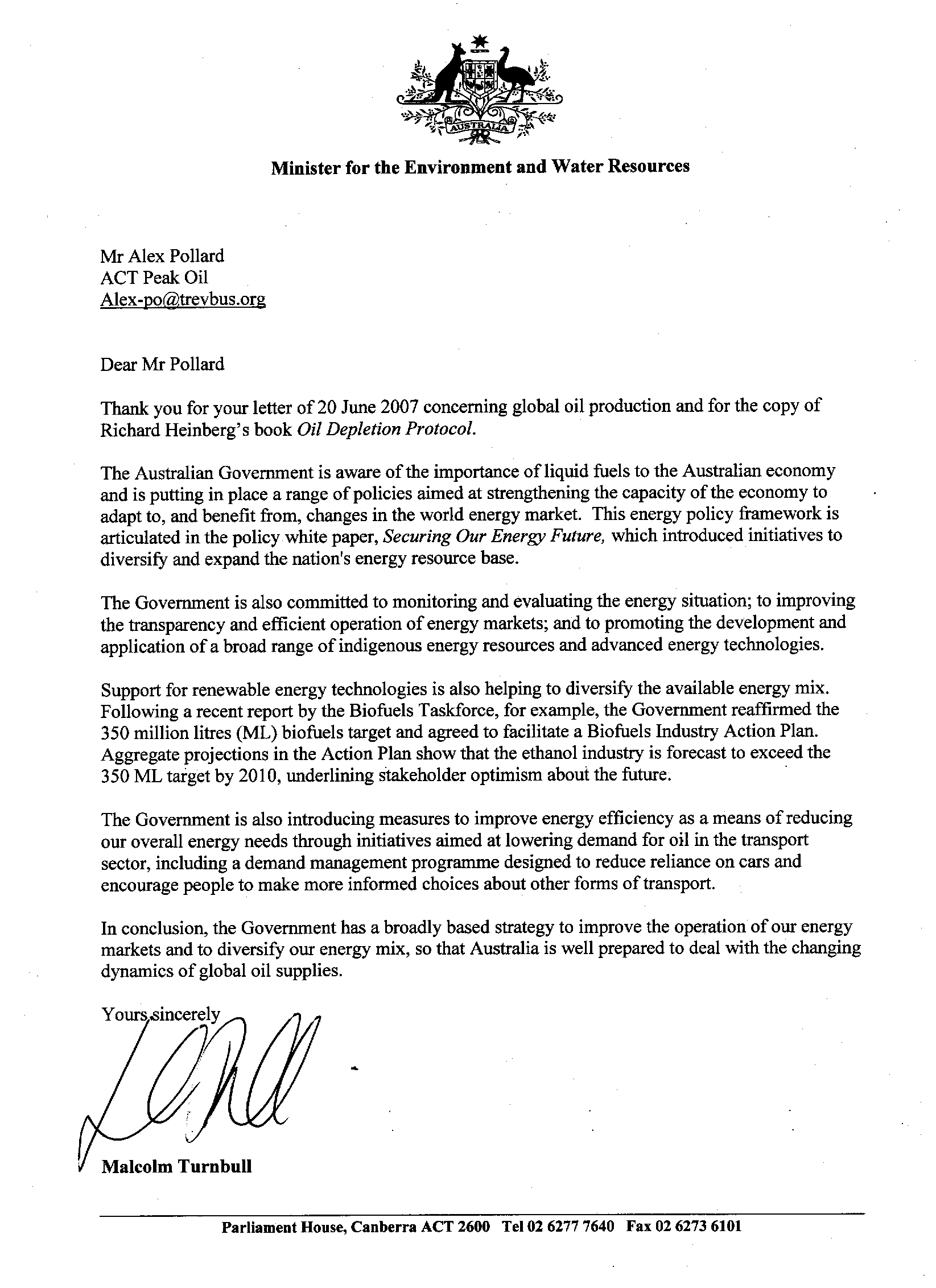 Letter from the Hon. Malcolm Turnbull